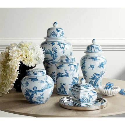 Dahlia Studios Heather 12" High Decorative Blue and White Ceramic Jar Dahlia Studios