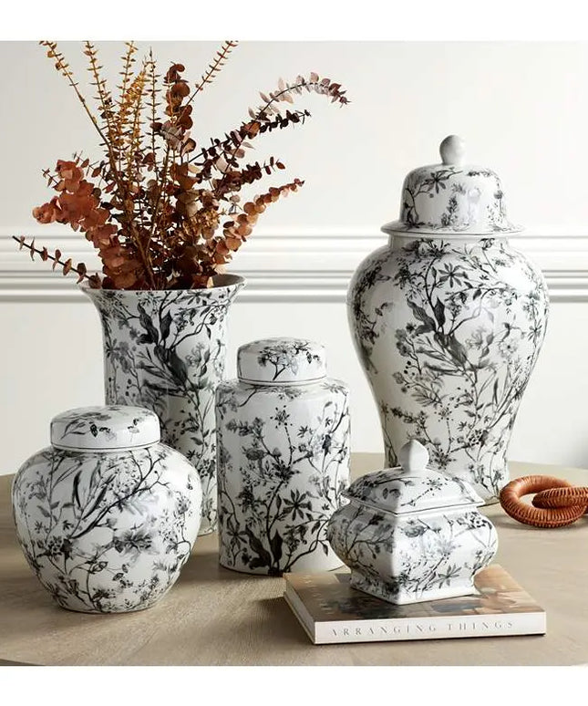 Prentiss Black and White 3-Piece Ceramic Vase and Jar Set Dahlia Studios