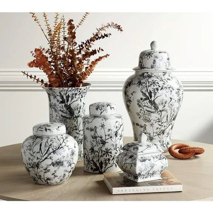 Prentiss Black and White 2-Piece Ceramic Ginger Jar Set Dahlia Studios