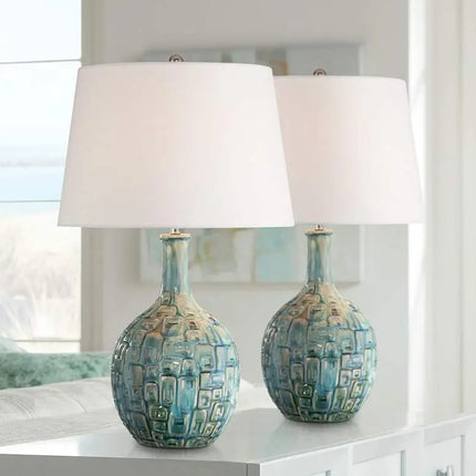 360 Lighting 26" Mid-Century Teal Ceramic Gourd Table Lamps Set of 2 360 Lightning