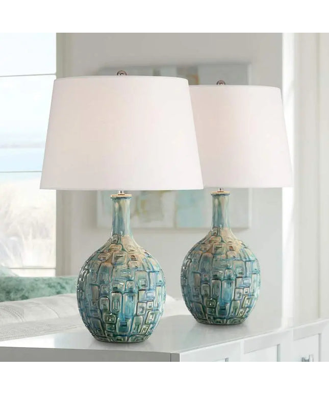 360 Lighting 26" Mid-Century Teal Ceramic Gourd Table Lamps Set of 2 360 Lightning