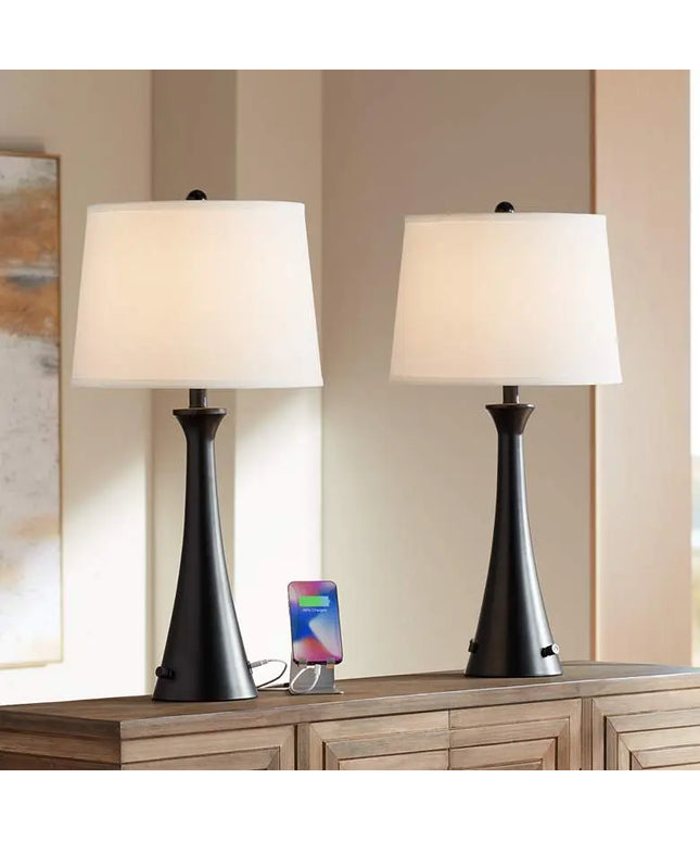 360 Lighting Karl 28 1/4" Black Finish Outlet-USB Table Lamps Set of 2 360 Lightning