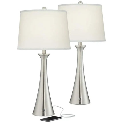 360 Lighting Karl Brushed Nickel USB Lamps Set of 2 with Full Range Dimmers 360 Lightning