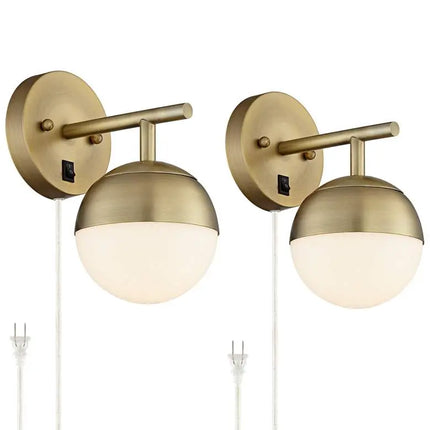 360 Lighting Luna Antique Brass Globe Plug-In Wall Lamps Set of 2 360 Lighting