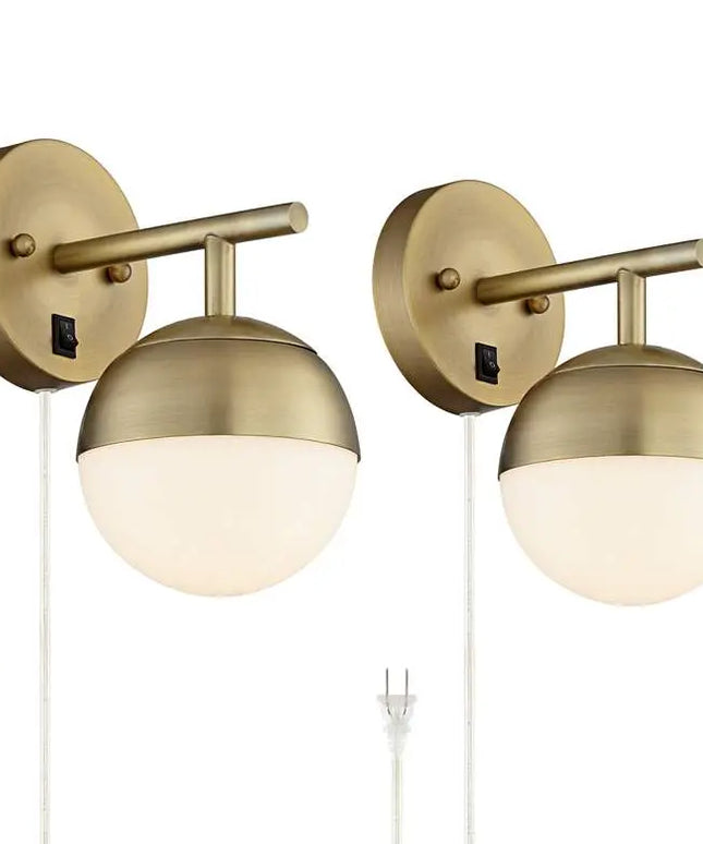 360 Lighting Luna Antique Brass Globe Plug-In Wall Lamps Set of 2 360 Lighting