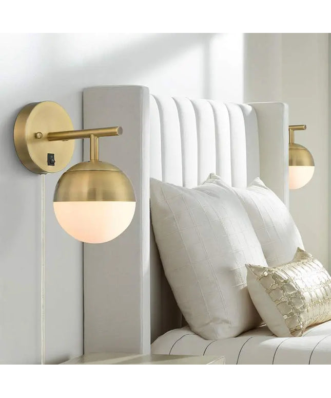 360 Lighting Luna Antique Brass Globe Plug-In Wall Lamps Set of 2 360 Lighting