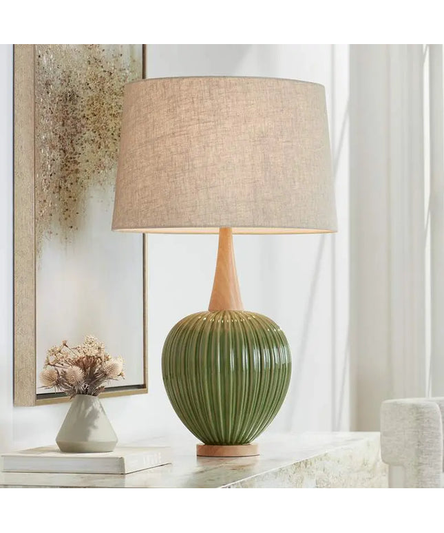 360 Lighting Sevilla 29" Modern Ribbed Gourd Green Ceramic Table Lamp 360 Lightning