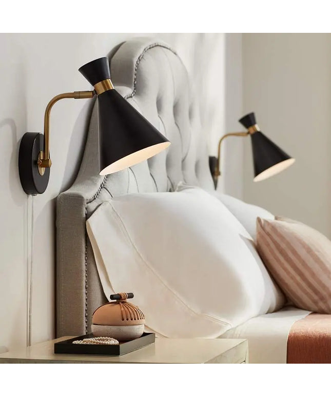 360 Lighting Venice Matte Black Cone Plug-In Wall Lamps Set of 2 360 Lighting