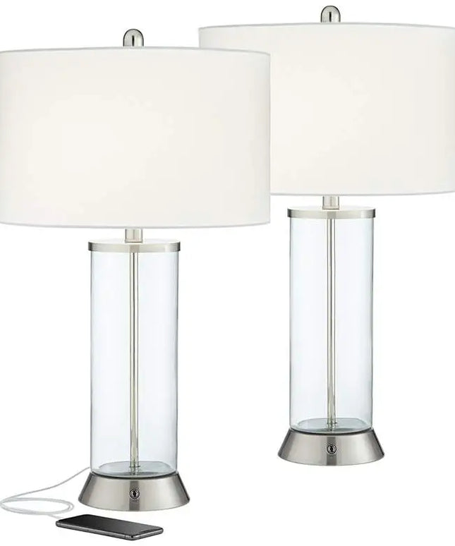 360 Lighting Watkin LED Glass Column USB and Outlet Table Lamps Set of 2 360 Lightning