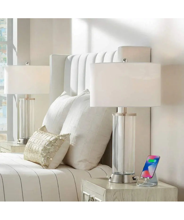 360 Lighting Watkin LED Glass Column USB and Outlet Table Lamps Set of 2 360 Lightning