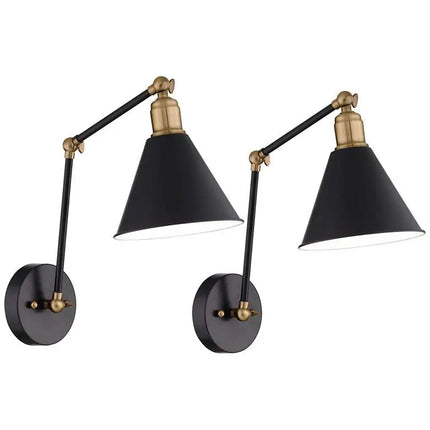 360 Lighting Wray Black and Antique Brass Hardwire Wall Lamps Set of 2