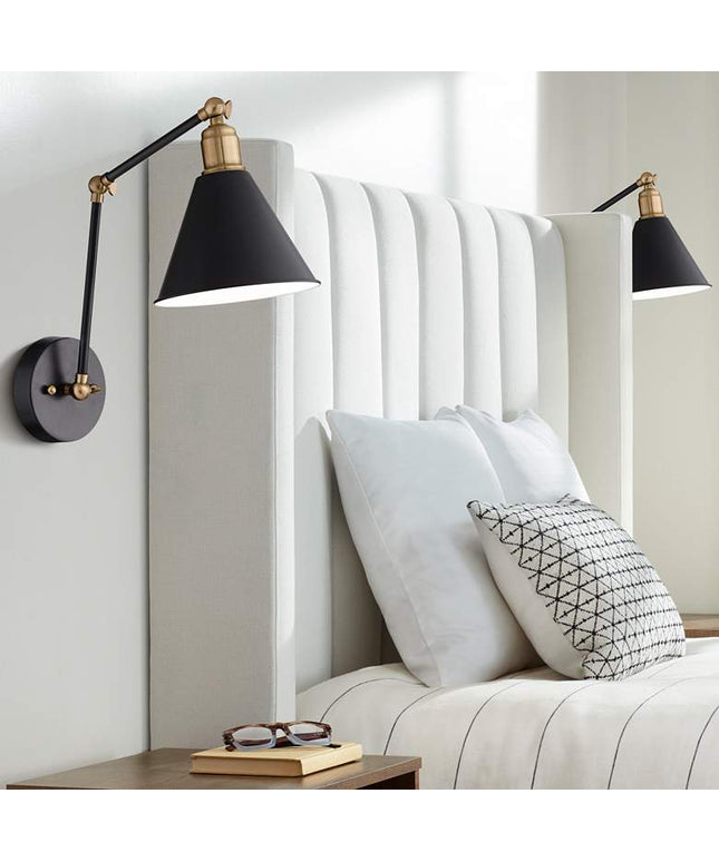 360 Lighting Wray Black and Antique Brass Hardwire Wall Lamps Set of 2