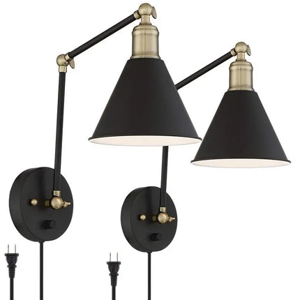 360 Lighting Wray Black and Antique Brass Plug-In Wall Lamps Set of 2 360 Lighting