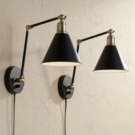 360 Lighting Wray Black and Antique Brass Plug-In Wall Lamps Set of 2 360 Lighting