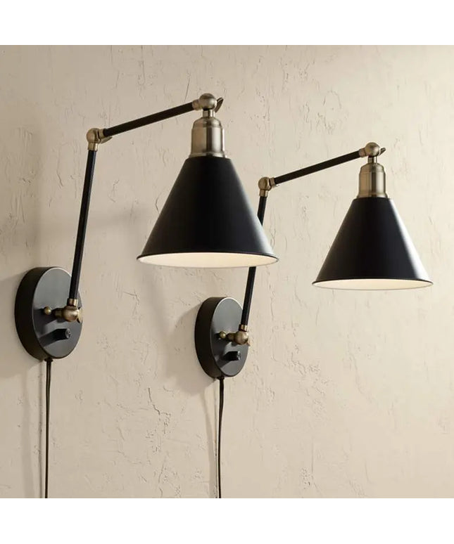 360 Lighting Wray Black and Antique Brass Plug-In Wall Lamps Set of 2 360 Lighting
