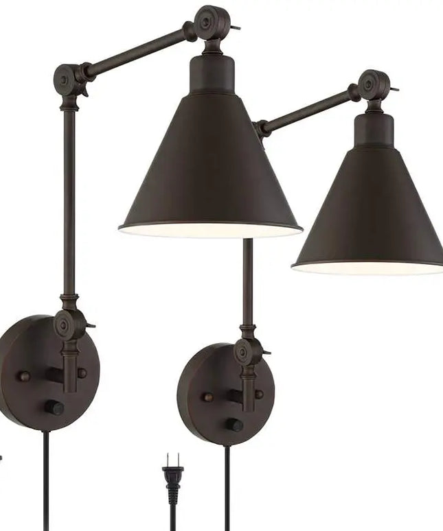 360 Lighting Wray Bronze Metal Adjustable Plug-In Wall Lamps Set of 2 360 Lightning