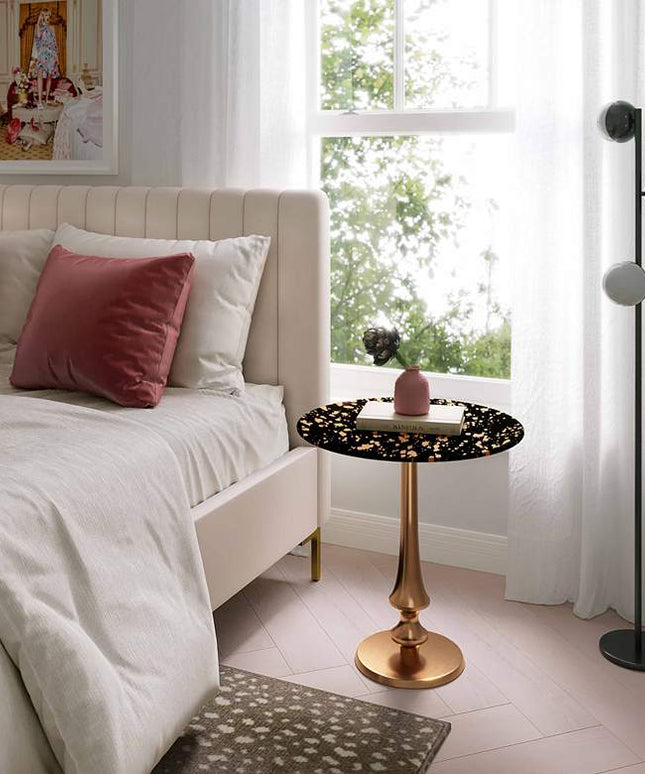 TOV 16" Wide Goathide and Gold Aluminum Modern Round Side Table