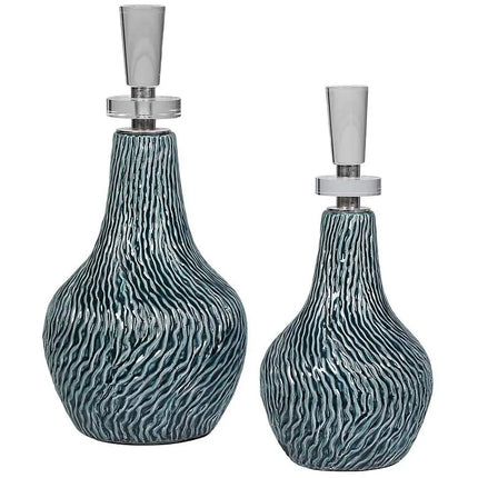 Almera Distressed Dark Teal Glaze Ceramic Bottles Set of 2 Uttermost