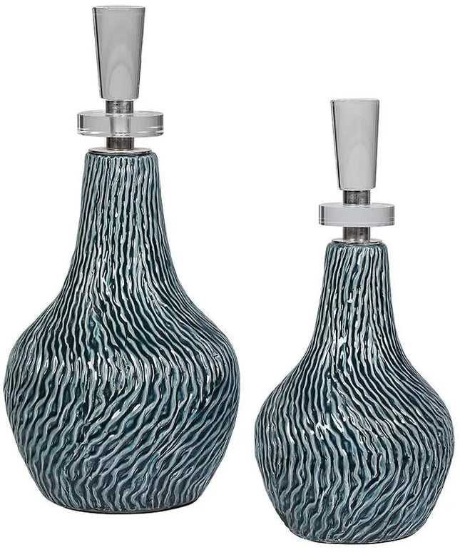 Almera Distressed Dark Teal Glaze Ceramic Bottles Set of 2 Uttermost