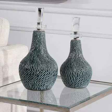 Almera Distressed Dark Teal Glaze Ceramic Bottles Set of 2 Uttermost