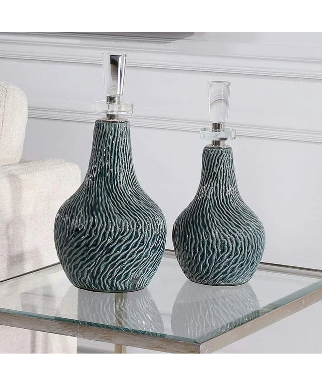 Almera Distressed Dark Teal Glaze Ceramic Bottles Set of 2 Uttermost
