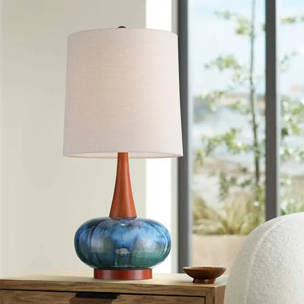 Andi 25" Modern Wood and Blue Ceramic Table Lamp 360 Lightning
