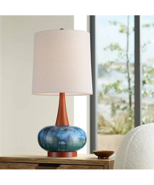 Andi 25" Modern Wood and Blue Ceramic Table Lamp 360 Lightning