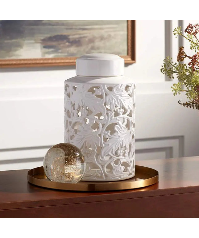 Angelique 12" High White Ceramic Jar with Lid Barnes and Ivy