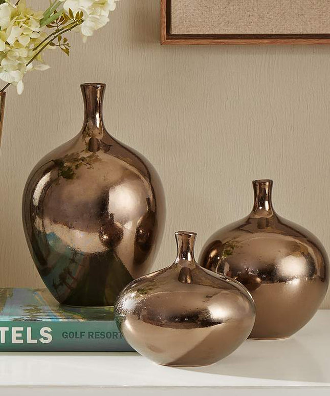 Ansen Metallic Bronze Ceramic Decorative Vases Set of 3