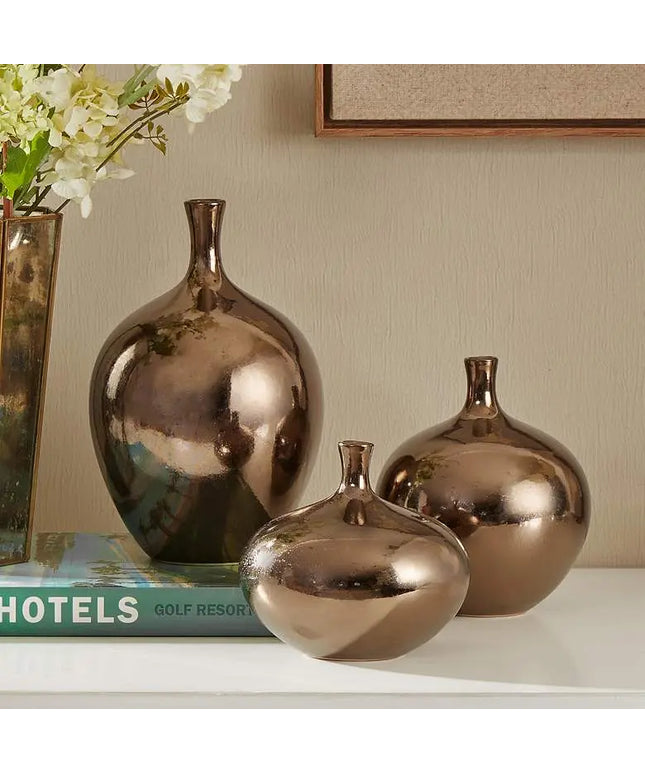 Ansen Metallic Bronze Ceramic Decorative Vases Set of 3 Dahlia Studios