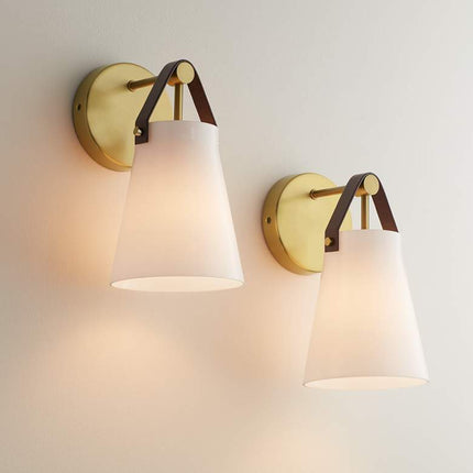 Ashley 10 1/2" High Antique Brass and Leather Wall Sconce Set of 2