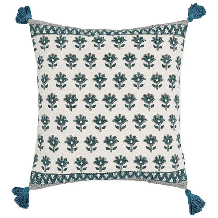 Blossom Blue Printed Cotton Tassel 20" Accent Cushion Vision