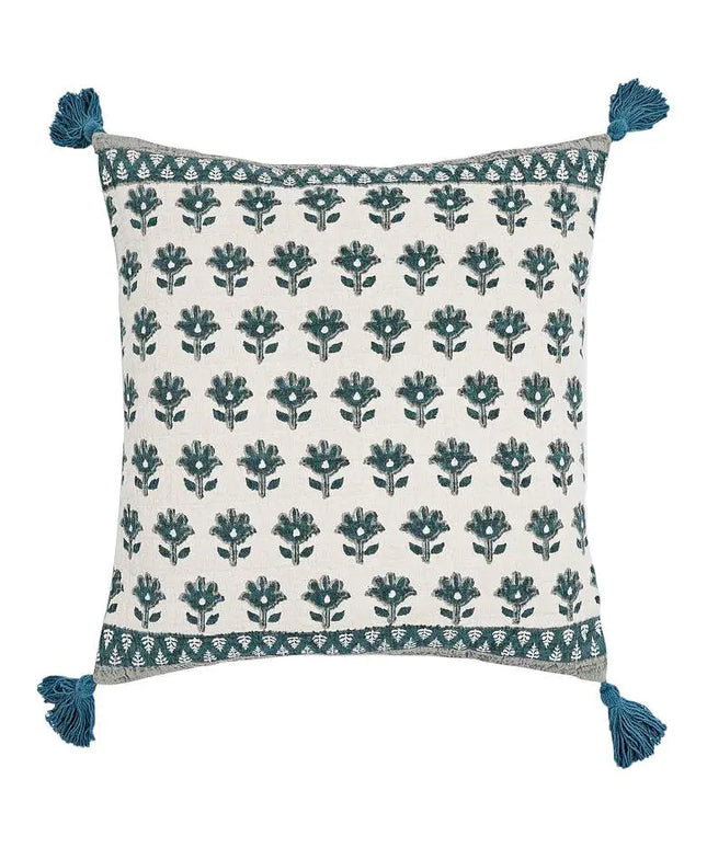Blossom Blue Printed Cotton Tassel 20" Accent Cushion Vision