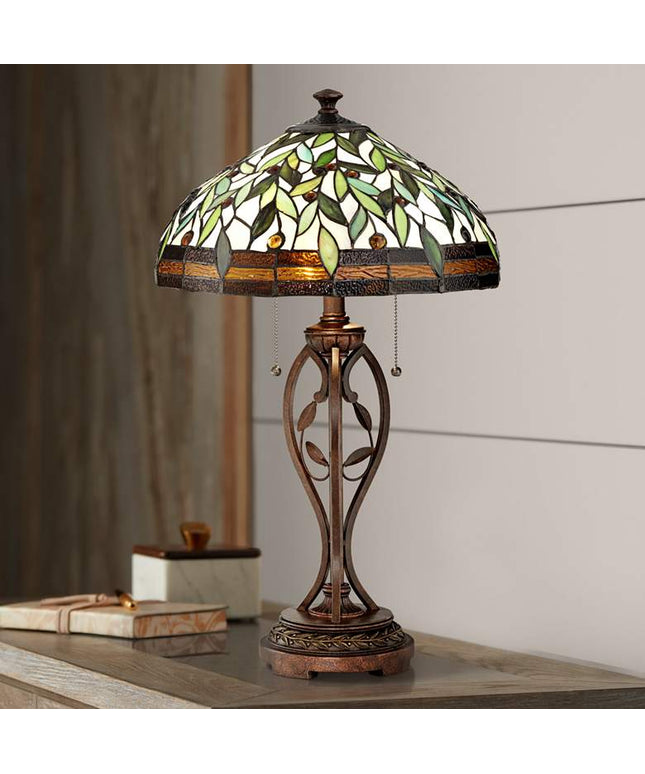 Blossoming Leaf Vine 26" Bronze Tiffany Lamp with Table Top Dimmer