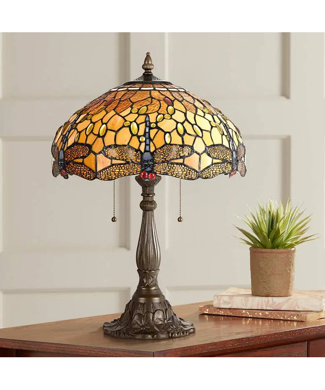 Cal Lighting Dragonfly 23" Brass Amber Tiffany-Style Table Lamp