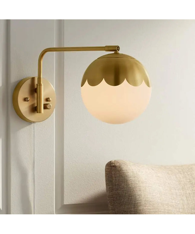 Camila 8 1/4" Brass and Glass Globe Plug-In Wall Lamp 360 Lightning