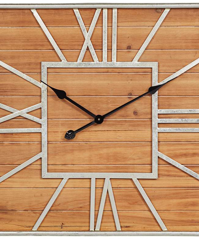 Caser Silver Metal and Brown Wood 23 1/2" Square Wall Clock Clock