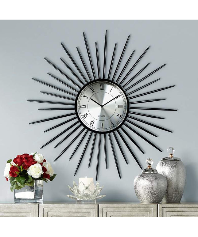Castallia Black 28" Round Metal Sunburst Wall Clock Clock
