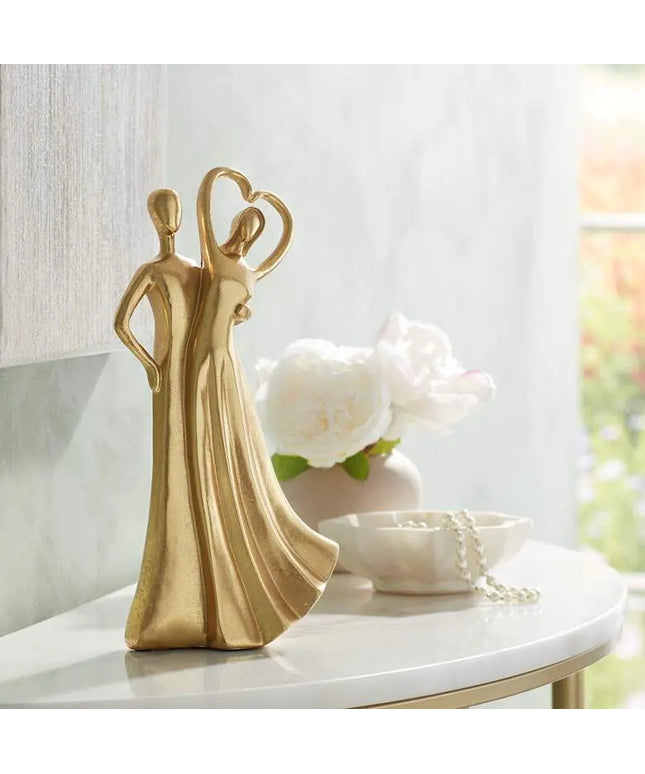 Couple Heart 12" High Shiny Gold Statue