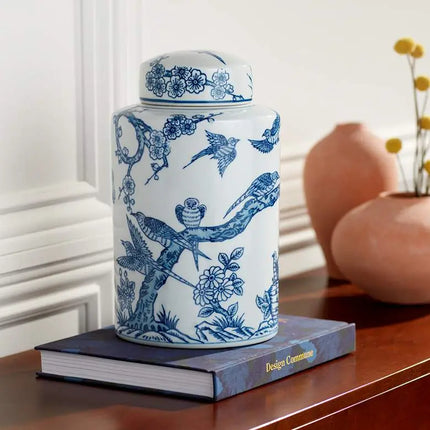 Dahlia Studios Heather 12" High Decorative Blue and White Ceramic Jar Dahlia Studios