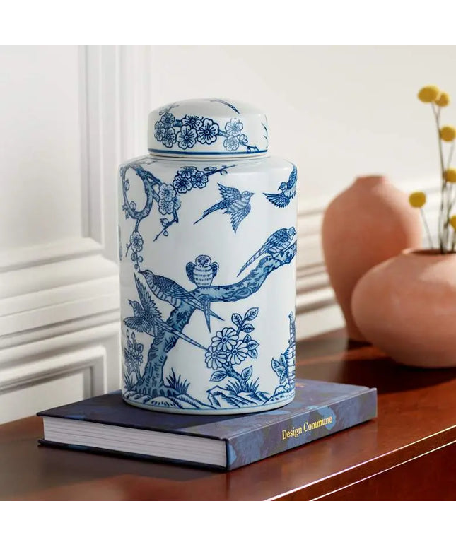 Dahlia Studios Heather 12" High Decorative Blue and White Ceramic Jar Dahlia Studios