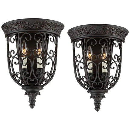 Franklin Iron French Scroll 14 1/4" Rubbed Bronze Wall Sconces Set