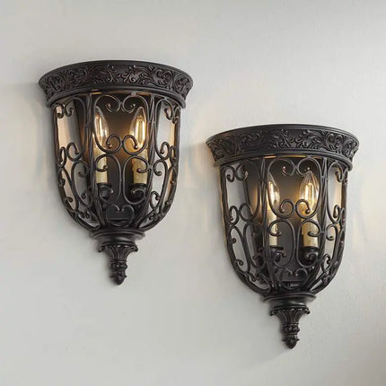 Franklin Iron French Scroll 14 1/4" Rubbed Bronze Wall Sconces Set