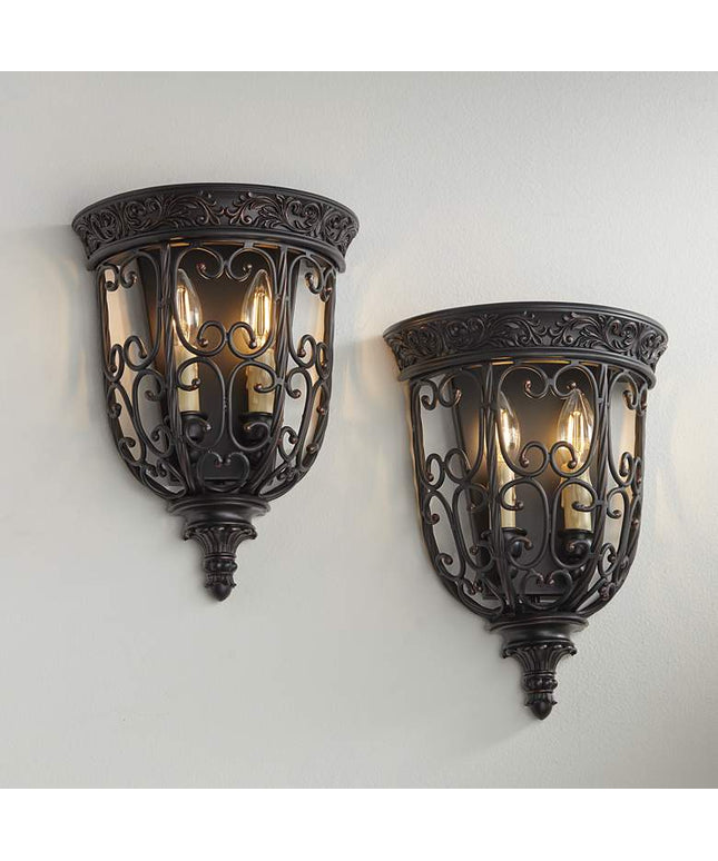 Franklin Iron French Scroll 14 1/4" Rubbed Bronze Wall Sconces Set