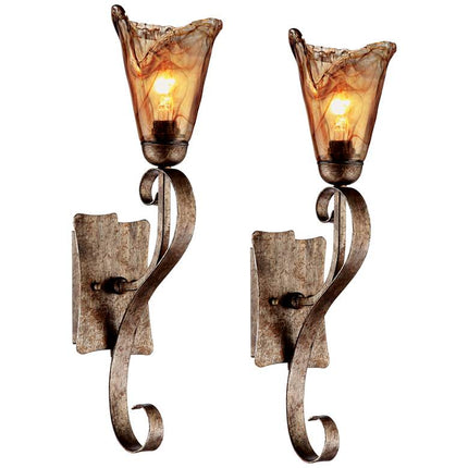 Franklin Iron Works Amber Scroll 23 1/2" Glass Bronze Wall Sconces Set