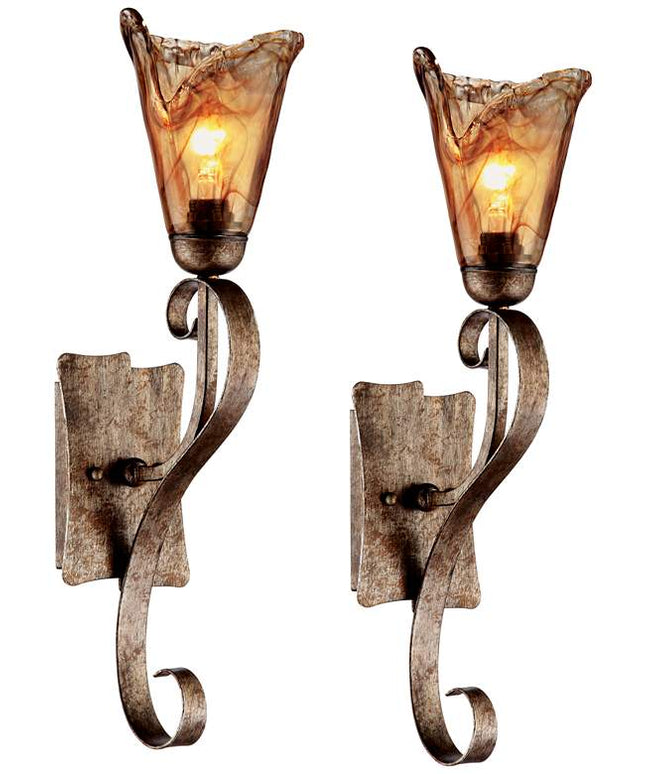 Franklin Iron Works Amber Scroll 23 1/2" Glass Bronze Wall Sconces Set