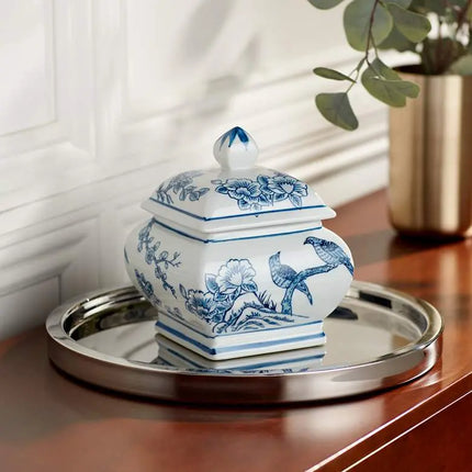 Heather 7 1/2" High Blue and White Ceramic Decorative Jar with Lid Dahlia Studios