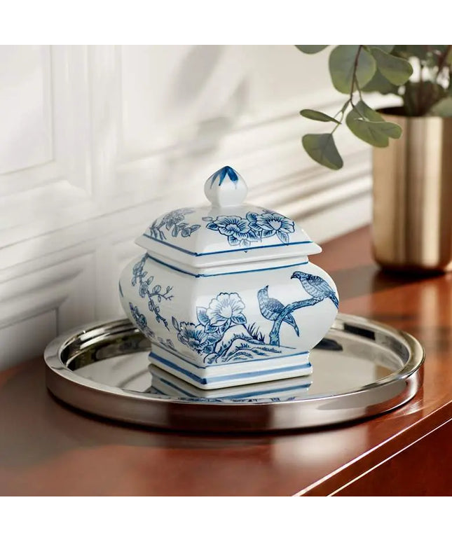 Heather 7 1/2" High Blue and White Ceramic Decorative Jar with Lid Dahlia Studios