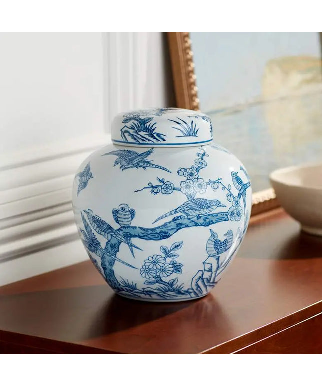 Heather 9 1/2" High Blue and White Ceramic Decorative Jar with Lid Franklin Iron Works