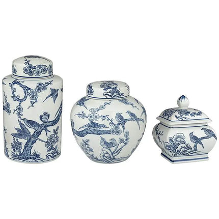 Heather Blue and White 3-Piece Ceramic Decorative Jar Set Dahlia Studios